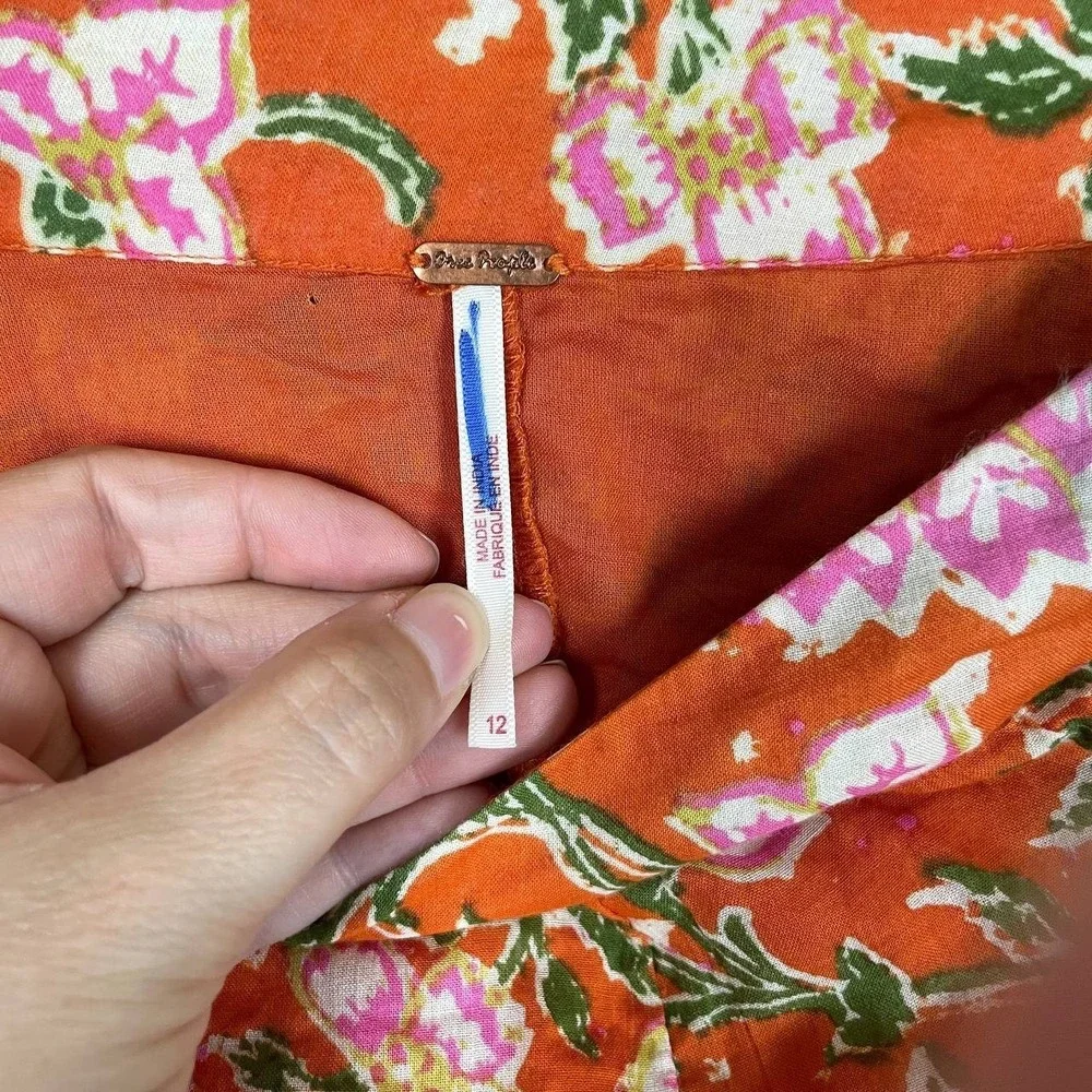 Orange Floral Pleated Mini Skirt Bohemian Size 12